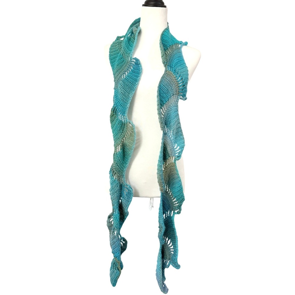 Y2k Handmade‎ Crochet Ruffle Scarf Teal Blue Ombre Boho Mermaidcore 82 Inch Long